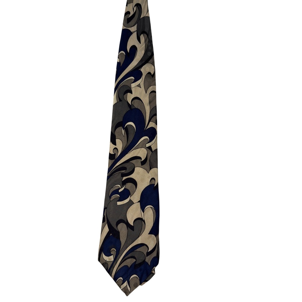 Urban Canvas Necktie OS Mens Abstract Swirl Silk Graphic Print Navy Tan Grey